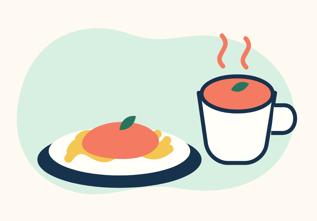 Illustratie van een bord spaghetti en een kom tomatensoep